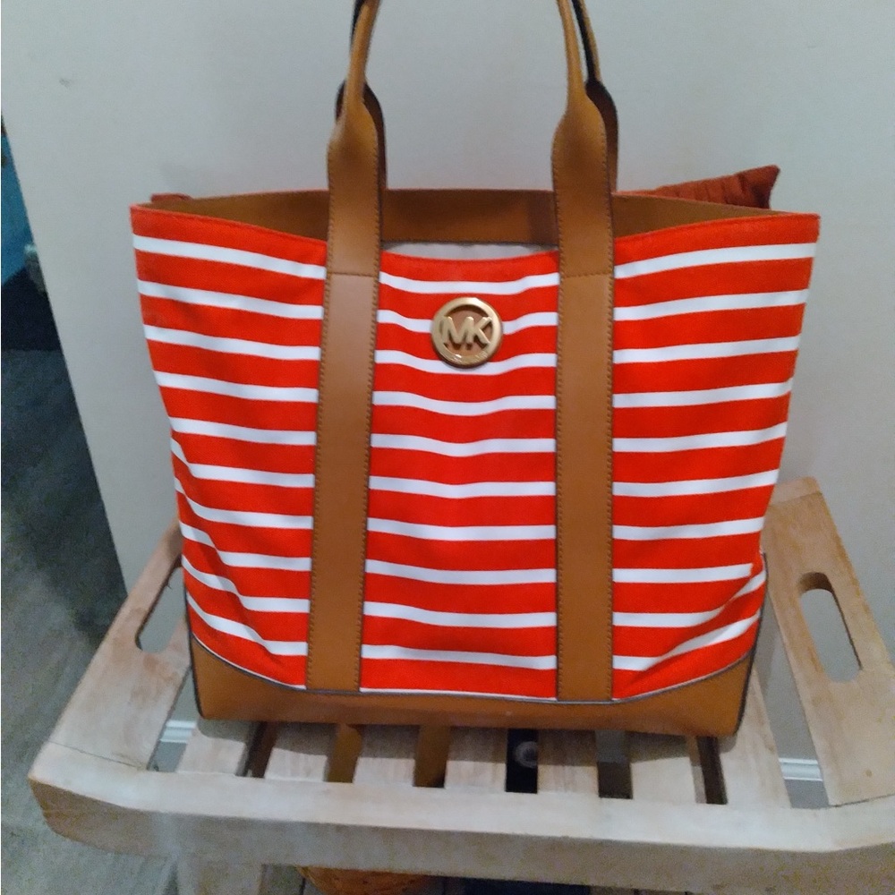 Michael Kors Red and White Striped Canvas Tote